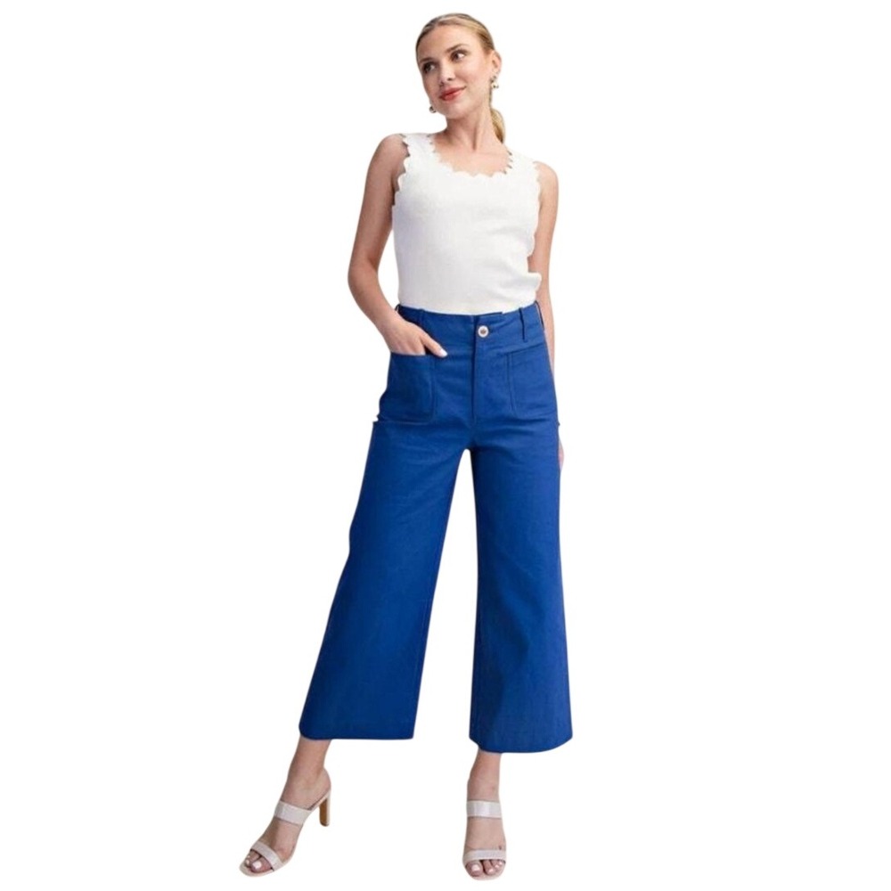 Maeve Anthropologie Cobalt Blue Linen Blend Wide Leg Cropped Pants Size 28